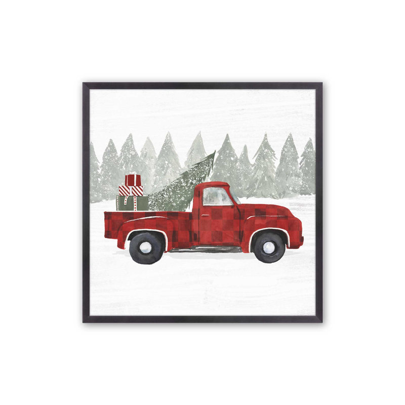 Camionnette rouge, arbre de Noël imprimé, H 13,75 po x l 13,75 po, Cadre simple en zinc patiné, bois massif