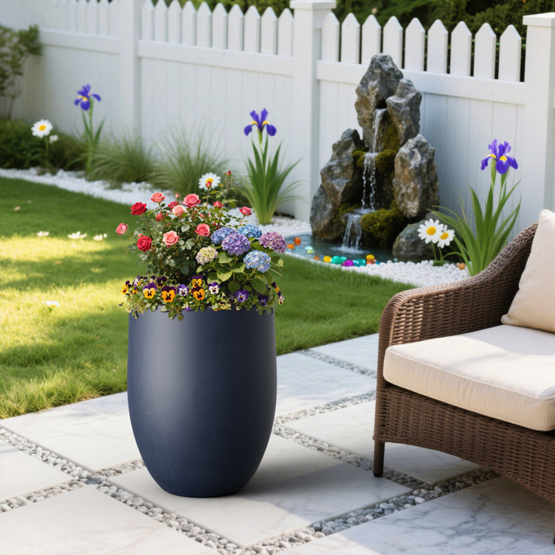Grand pot à fleurs rond en béton fait à la main bleu marine avec trou de drainage l 16 po x H 21,5 po, Marine
