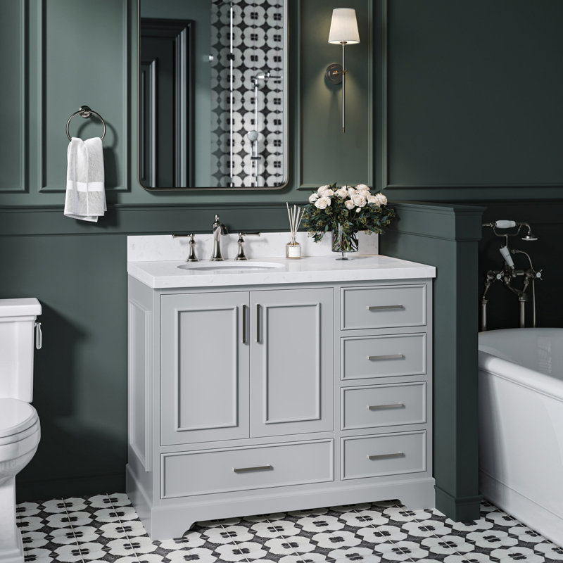 42.25'' Single Bathroom Vanity with Carrara Quartz Top, Gray