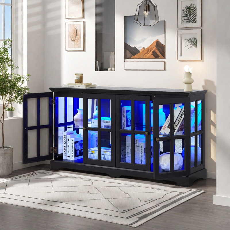 Buffet antique avec 4 portes en verre, tablettes réglables, poignées en métal et bande lumineuse à DEL, Noir
