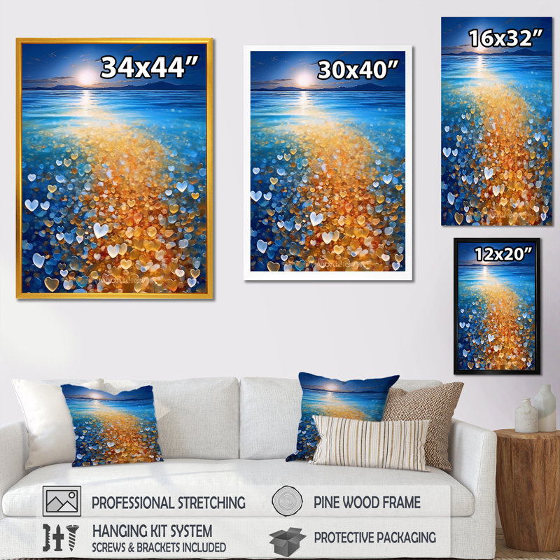 Petits cœurs sur la plage tropicale de la pleine lune, H 40 po x l 30 po x P 1,5 po, Cadre flottant blanc