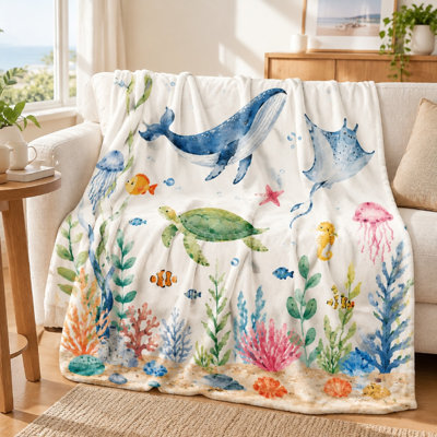1Pcs Ocean Life Turtle Whale Blanket – Vibrant Watercolor Print;Cozy and LightweightPerfect for Kids' Rooms Teen BedroomsDecorative Bedding Playtime RelaxationA Captivating Underwater Scene. Bedding and sofa items