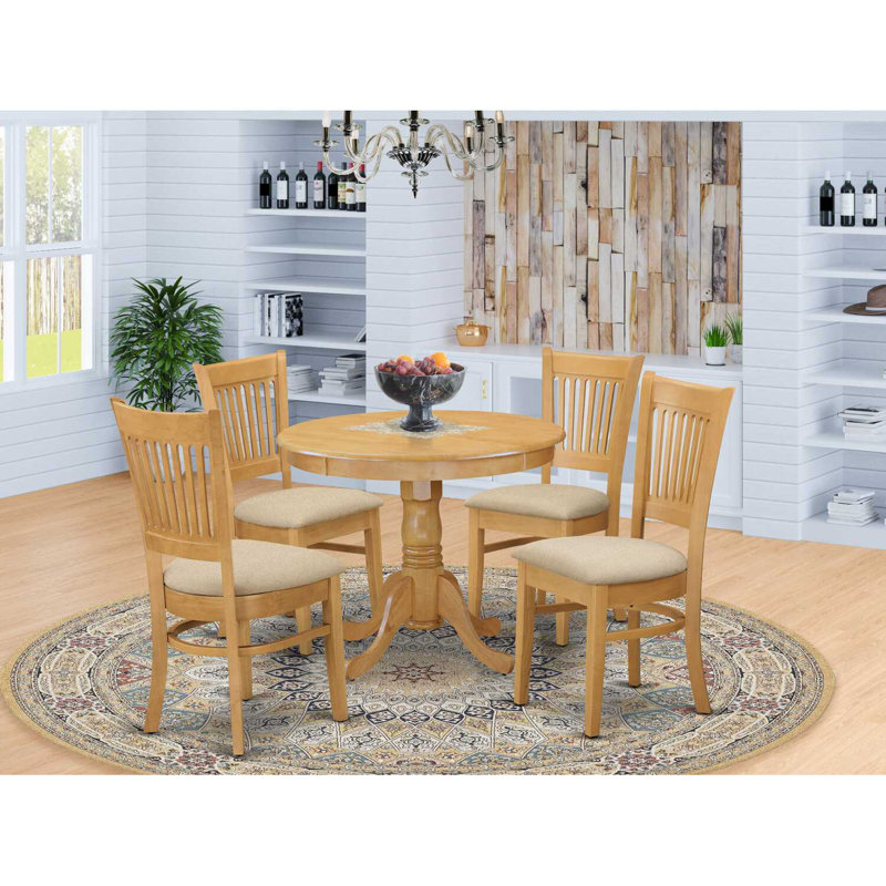L'ensemble de mobilier de salle à manger 5 pièces comprend une table ronde avec piédestal et 4 chaises rembourrées en tissu de lin, 36 x 36 pouces, chêne