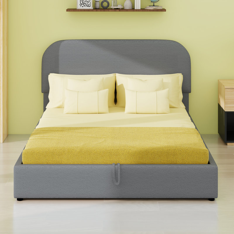 Lit plateforme tapissier avec système de rangement hydraulique Teddy, Gris, Lit double