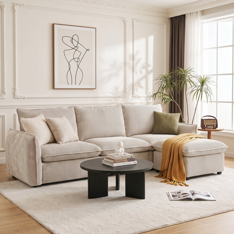 Canapé modulaire en L avec repose-pieds Boucle, White Corduroy