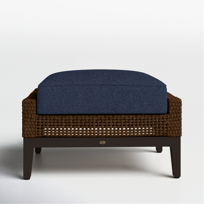 Repose-pieds d'extérieur tissé en osier Peninsule, Welt + bourre standard, Indigo Intermix, Acajou / châtaignier