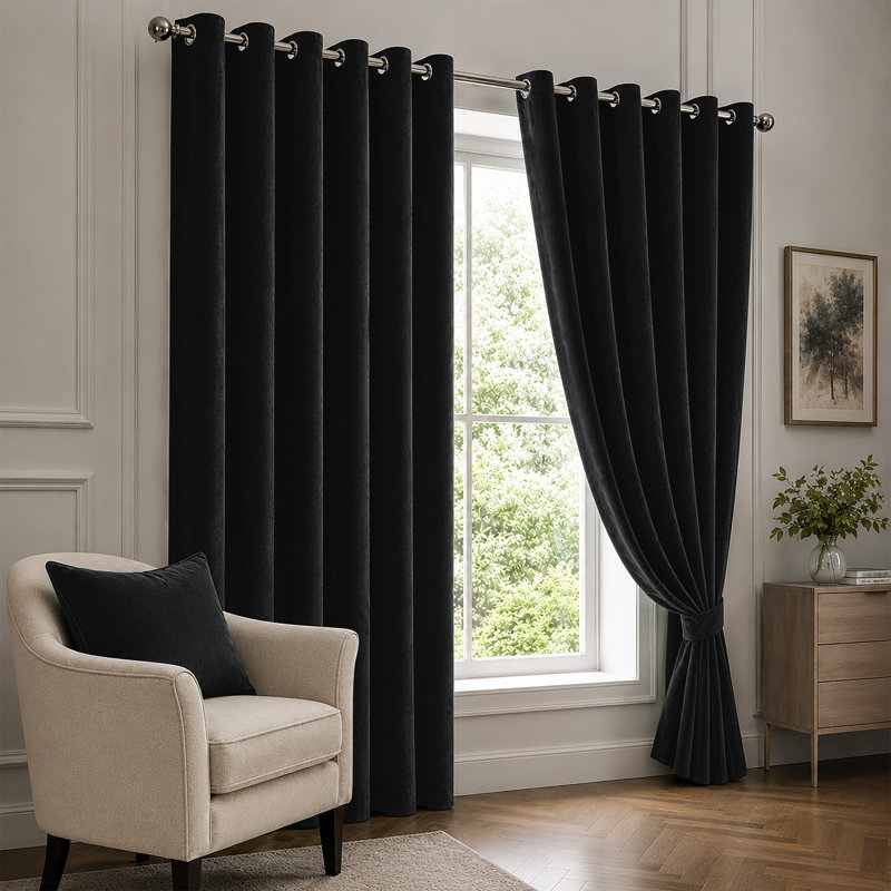 Black Velvet Eyelet Curtains Room Darkening Window Panels Soft Touch Pair, 228 cm X 228 cm