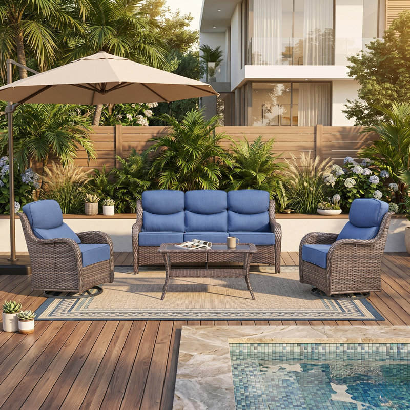 Wickes Haven 5-Person PE Wicker Outdoor Patio Conversation Set With Sofa Swivel Glider Chairs And 6" Thickness Cushions, Blue