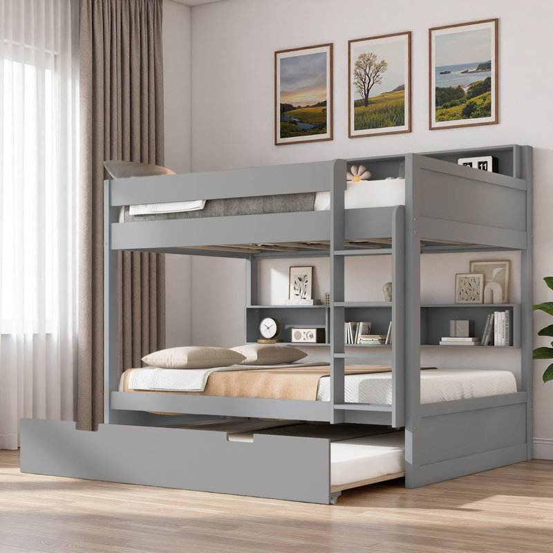Lit superposé avec lit gigogne et rangement intégré, Gris, Simple sur simple