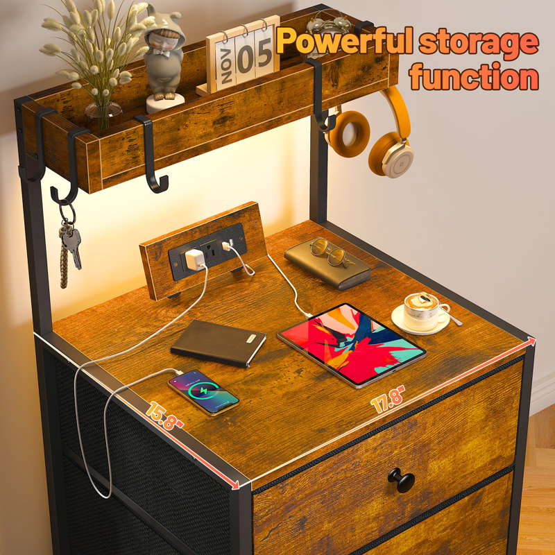 Tall Nightstand With Charging Station And Led Lights Nightstand With 3 Drawers And Shelves Bedside Table With Usb Ports And Outlets（set of 2）