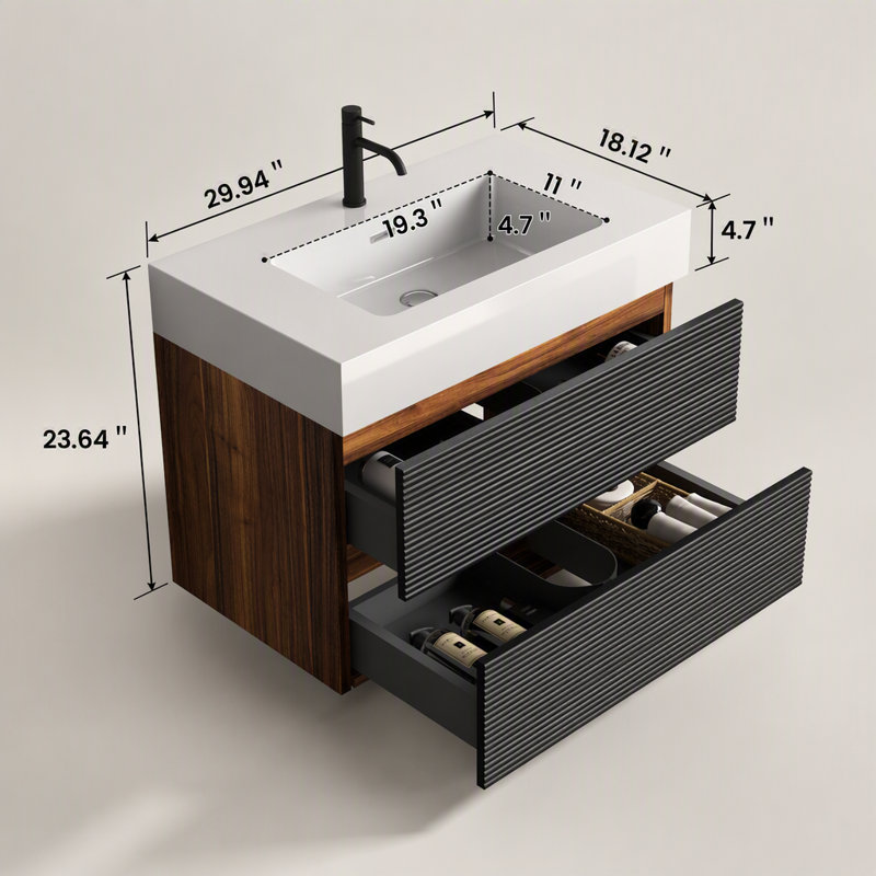 Meuble-lavabo mural 30 po avec lavabo à surface solide blanc brillant et tiroirs noirs doux, meuble-lavabo mural flottant pour salle de bain moderne, une pièce
 Bassin sans drainage et robinet, KD