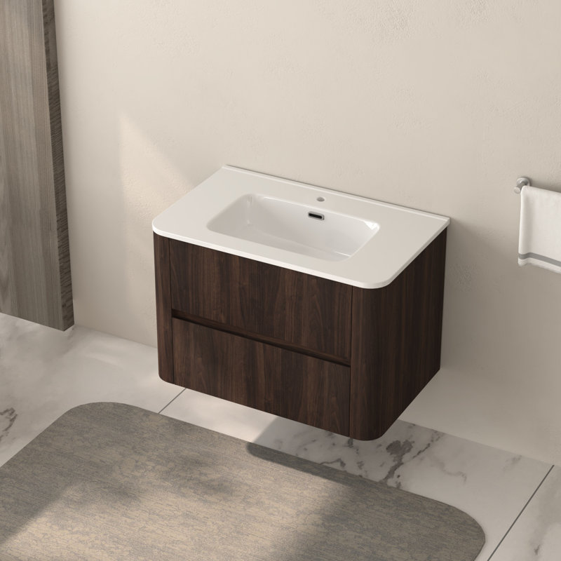 Meuble-lavabo mural flottant 30 po avec lavabo intégré, deux tiroirs, armoire en noyer foncé, construction, rangement spacieux, installation rapide pour les petits tiroirs et céramique blanche