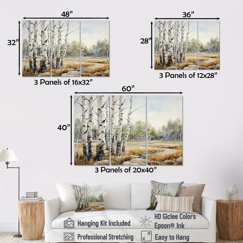 Ensemble d'art mural en toile beige et gris avec bouleau, Toile tendue, H 40 po x l 60 po x P 1 po