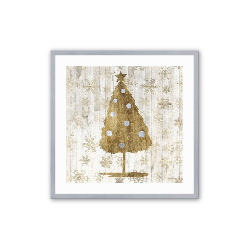 Impression d'arbre de Noël rustique doré, Cadre simple en chrome poli, bois massif, H 13,75 po x l 13,75 po