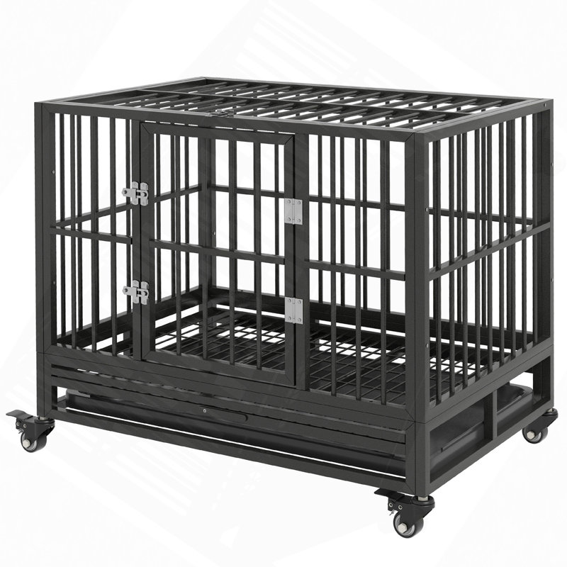 36" Dog Crate Metal Cage Kennel With Lockable Wheels, Double Door And Removable Tray