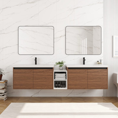Meuble-lavabo mural avec lavabo de comptoir en résine, combinaison de 1 tablette de rangement et 4 portes à fermeture douce