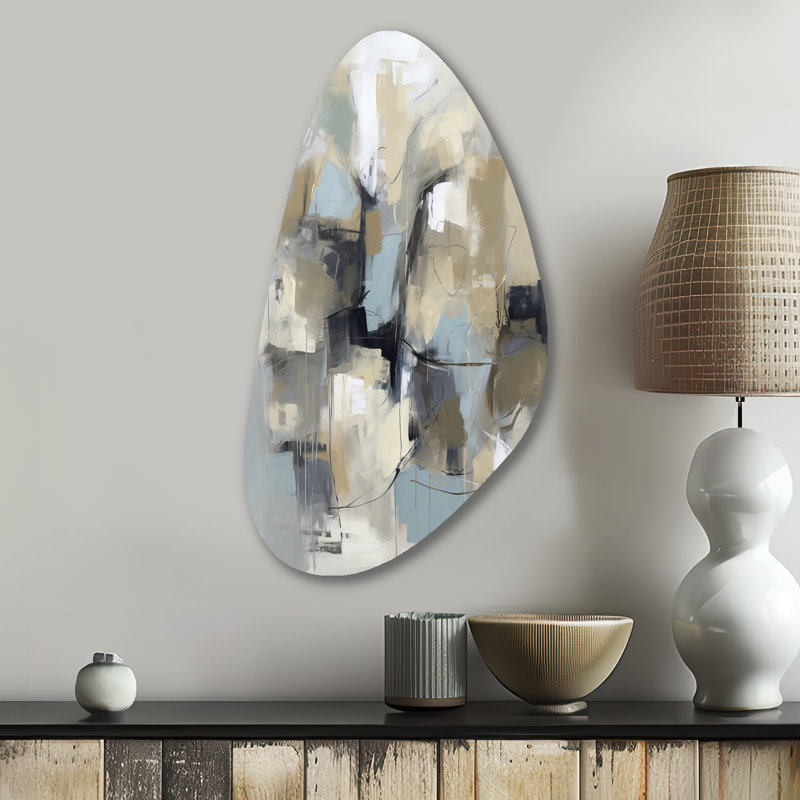 Beige et gris - Créature non encadrée I - peinture abstraite de forme murale en métal, reproduction d'art asymétrique moderne