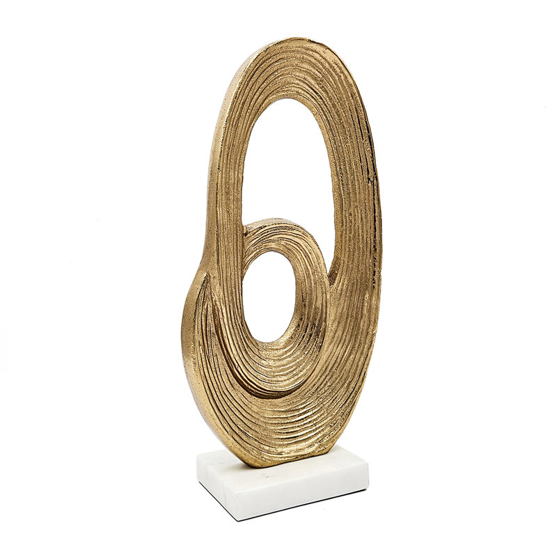 4" Abstract Gold Swirling Sculpture On White Marble Base, 17" H x 7.90" W x 4" D