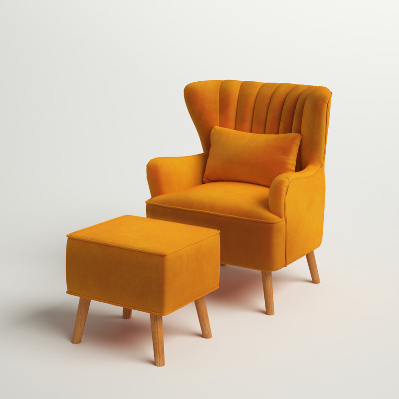Tybalt Velvet Wingback Chair with Footstool, Orange