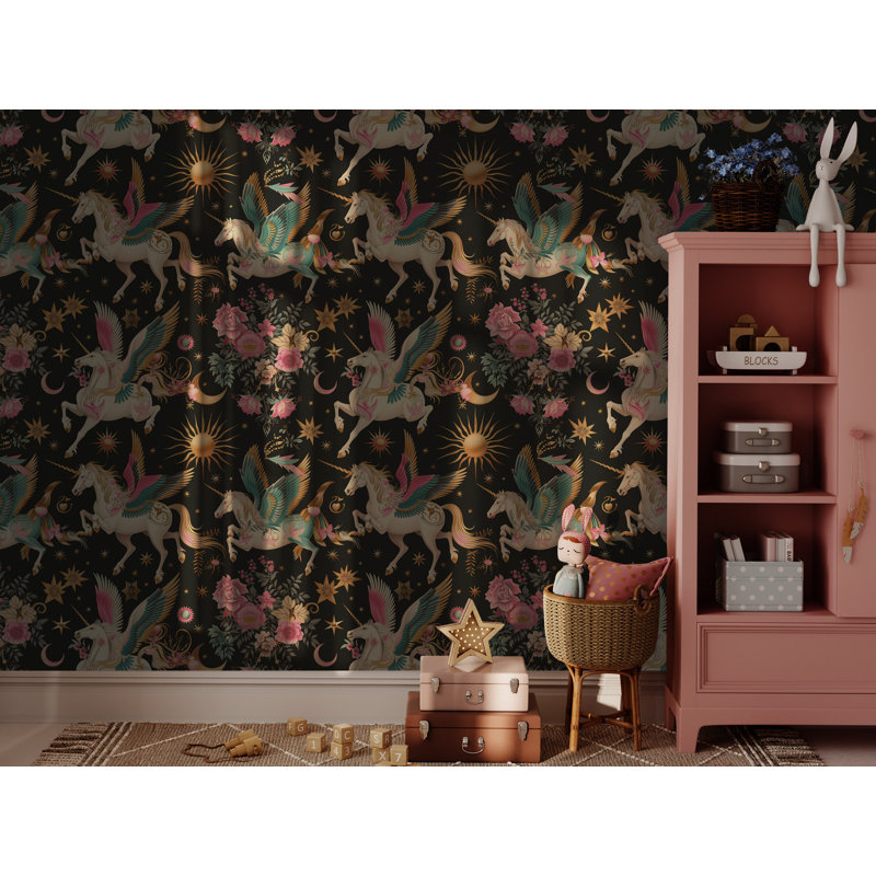 Motif de papier peint pour enfants Pégase Céleste Sombre, Licorne et Fleurs, L 60 x L 40, Vinyle