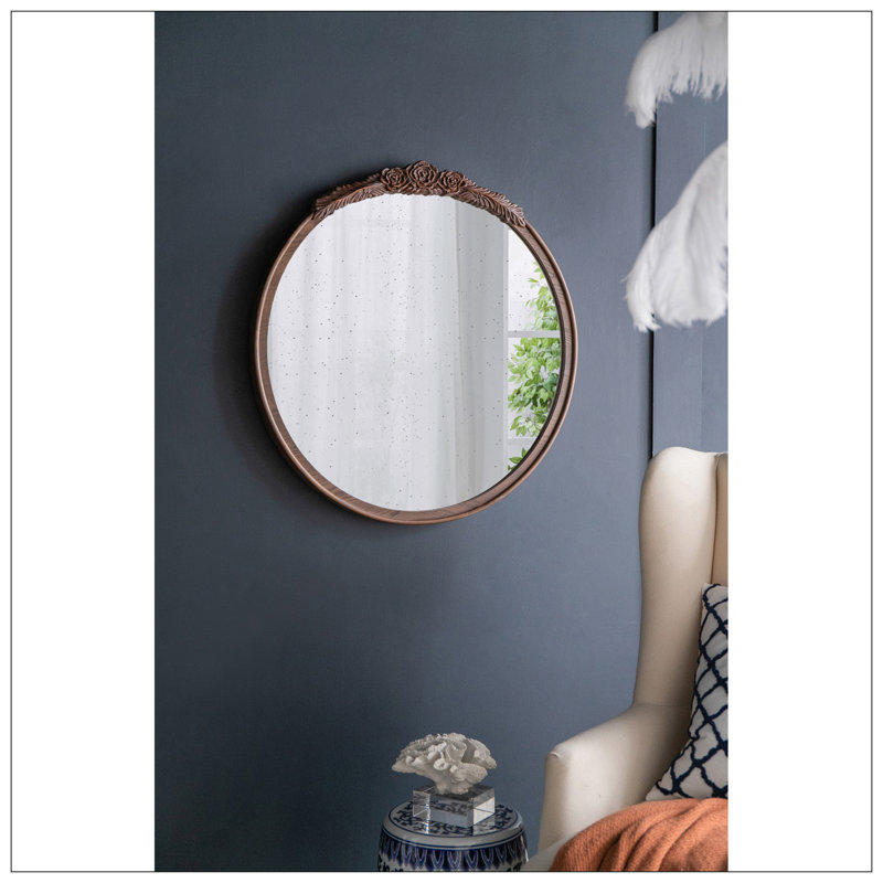 Cadre de miroir rond rond sculpté à la main rose, miroir mural pour espace de vie, salle de bain, décoration murale de hall d'entrée