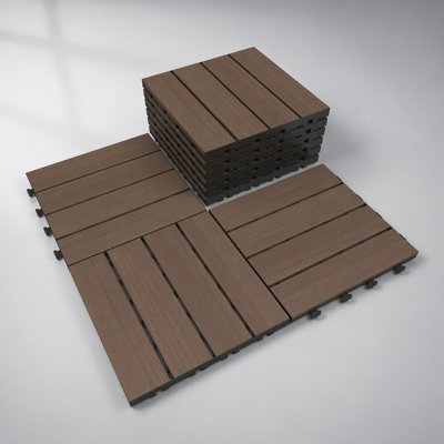 Lot de 9 dalles de terrasse emboîtables, revêtement de sol extérieur en PEHD 30 x 30 cm, imperméable et résistant aux intempéries, brun foncé