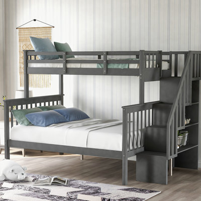 Twin Bunk Bed In Gray With Stair Storage And Guard Rail For Bedroom - Solid Construction, Safe Sleep