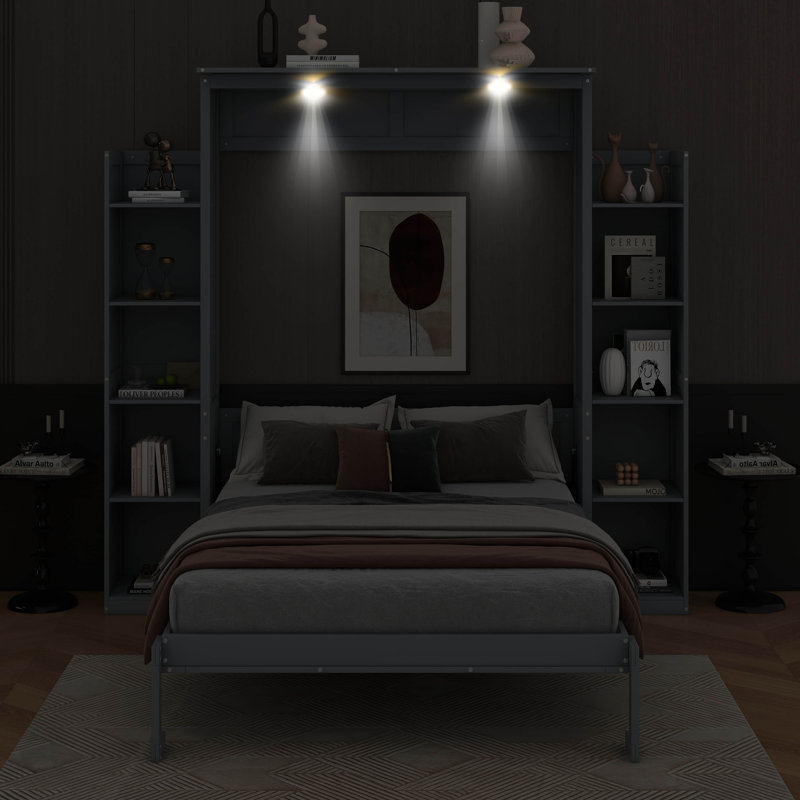 Grand lit escamotable mural avec lumières DEL et tablettes, Queen, Gris