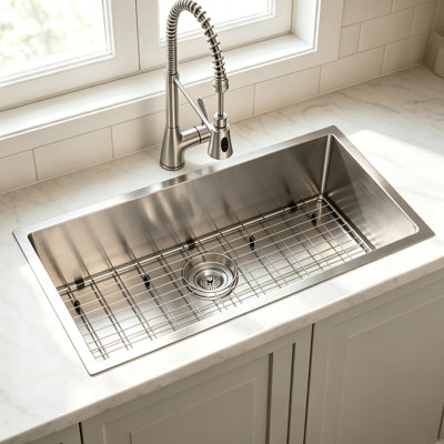 Évier de cuisine encastrable 32 po - Acier inoxydable robuste de calibre 11 (3 mm), bol simple avec rebord intégré et conception de drain supérieure