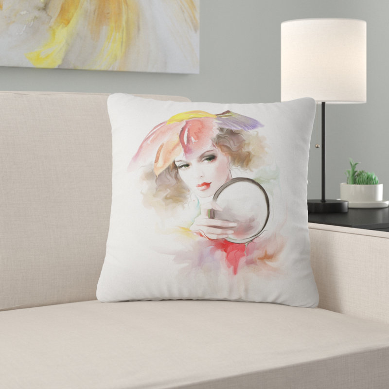 Femme avec miroir - Coussin décoratif imprimé Street Art, 16 po x 1 po, Carré