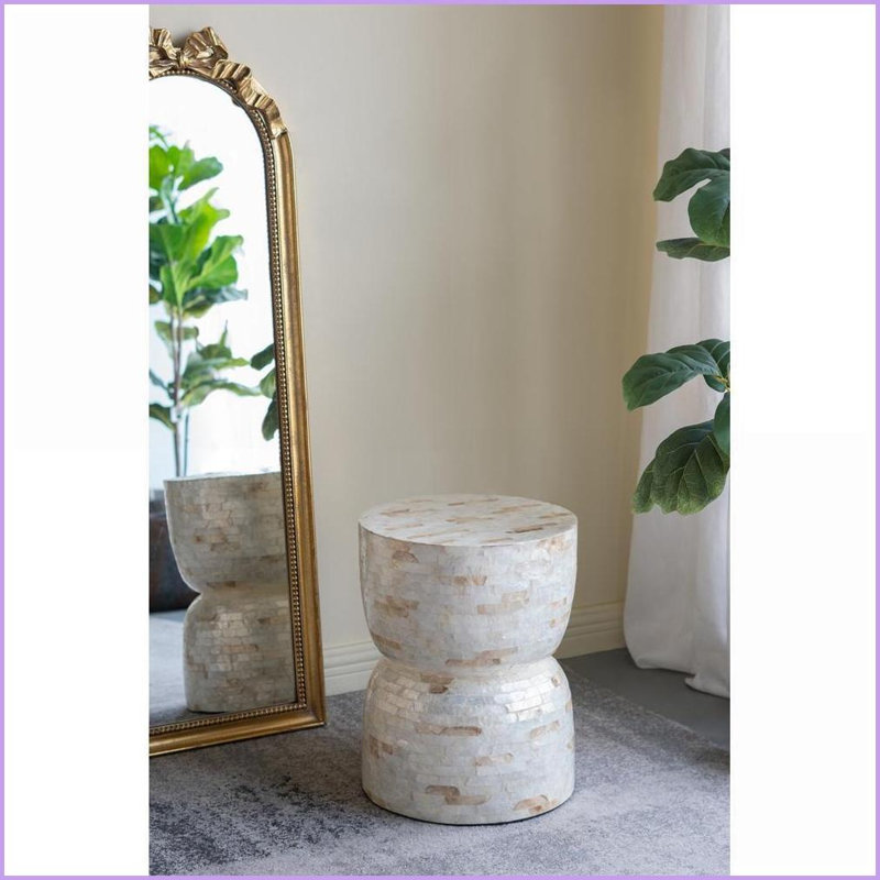 Decorative Bamboo Hourglass Stool with Gold &amp; White Capiz Shell Finish | Gold+White | MDF