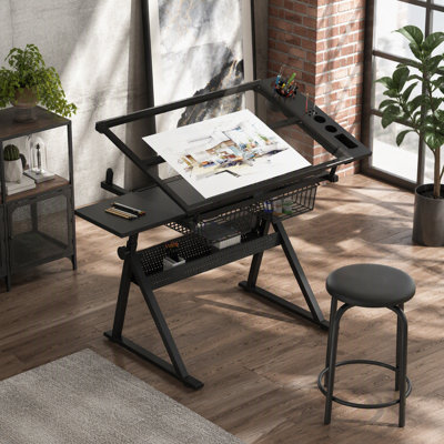 Table à dessin réglable en verre trempé avec chaise