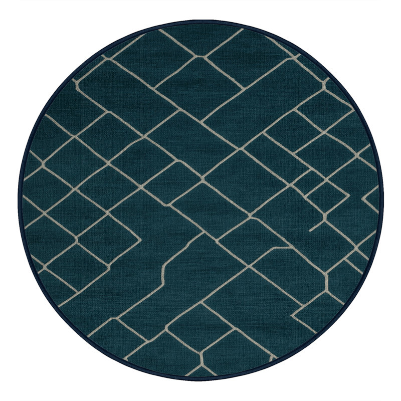 Machine Washable Trellis Blue Area Rug, Round 3'