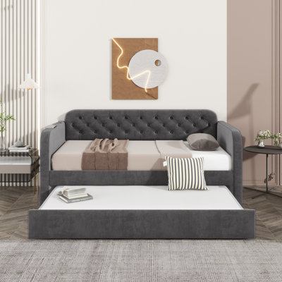 Lit de jour simple rembourré avec couchette et conception de chargement USB, structure de lit de jour rembourré en velours, canapé-lit simple pour la chambre à coucher du salon, aucun sommier nécessaire, tissu de velours moelleux gris foncé 18 #