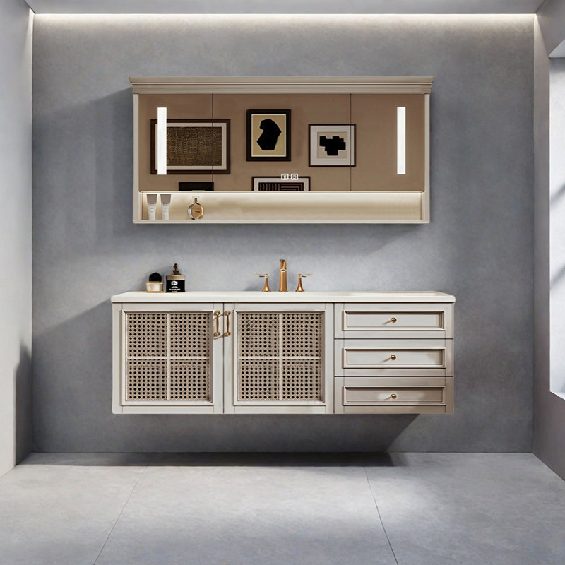 Retro-style rattan bathroom cabinet, 21.65" H x 55.11" W x 21.65" D
