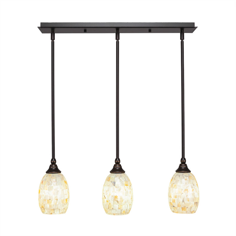 3 Light Stem Hung Linear Pendalier Shown In Dark Granite Finish With 5" Ivory Glaze Seashell Glass