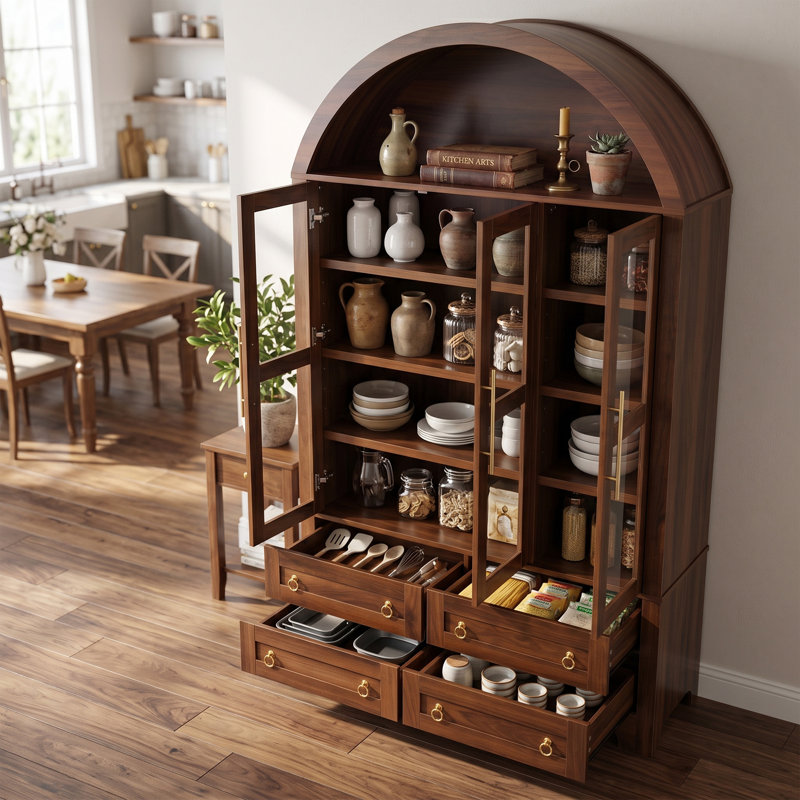 Armoire de rangement haute et cintrée avec trois portes vitrées et quatre grands tiroirs, Brown