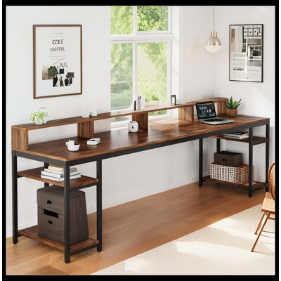 Two Person Desk, 78.7" Computer Desk With Monitor Stand And 4 Open Shelf