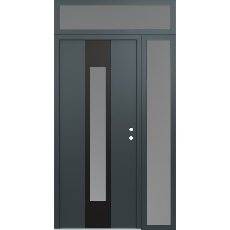 Porte d'entrée pré-suspendue en acier à panneau gauche avec panneau latéral et traverse, Argent, L 51,25 po x H 95,69 po