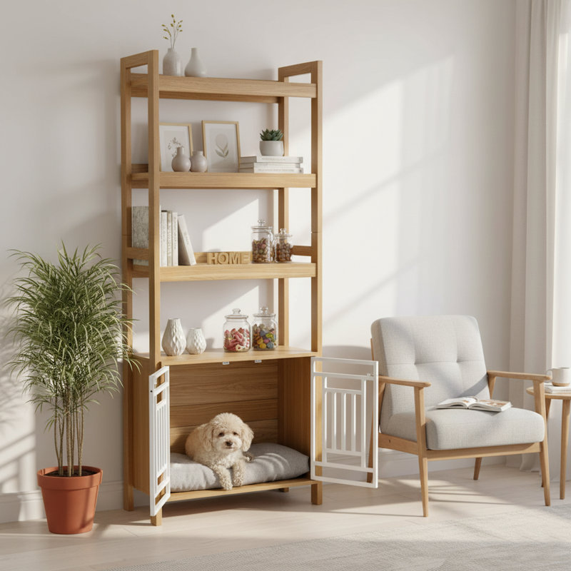 Bibliothèque avec cage pour chien avec tablettes de rangement, panneau de fibres à densité moyenne et chenil d'intérieur en chêne antique