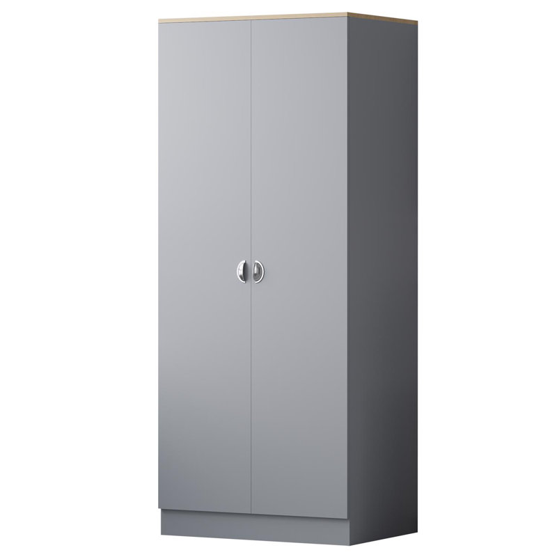 Lyal Esher 2 Door Double Wardrobe - Matt Finish, Oak Effect Top. Polished Chrome Cup Handles, Grey