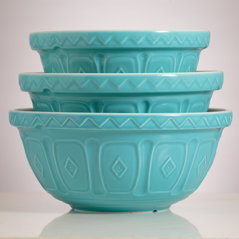 Turquoise Ceramic Mixing Bowl with Patterned Exterior, 14"