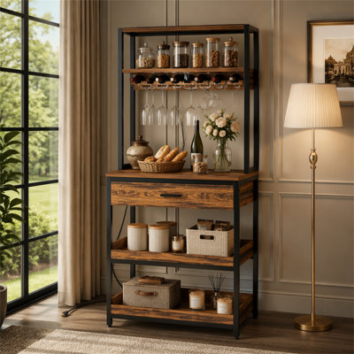 5-Tier Kitchen Baker's Rack with Power Outlets, Drawer & Sliding Shelves
