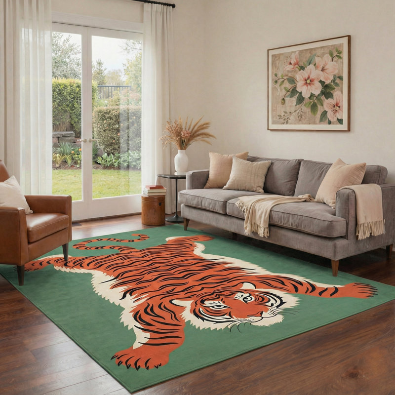 Tapis vert / orange lavable à la machine avec envers antidérapant Kai Emerald Jungle Tiger, Rectangulaire 8 pi x 10 pi