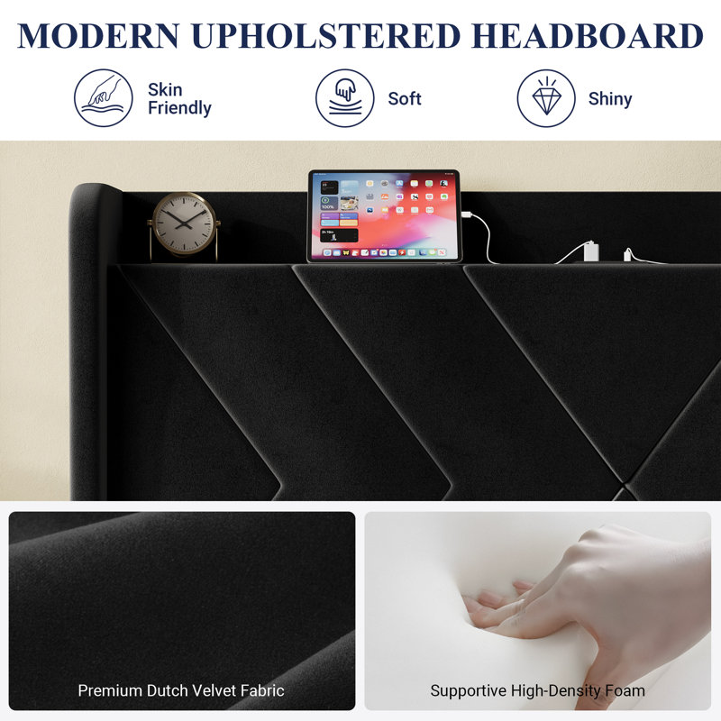 Upholstered Velvet Bed Frame With Storage Headboard And Charging Station, Full, Black