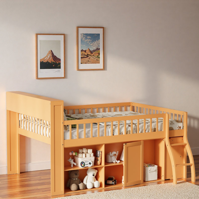 Space-saving Loft Bed With Storage Shelves, Headboard With Led Light, Natural, Queen