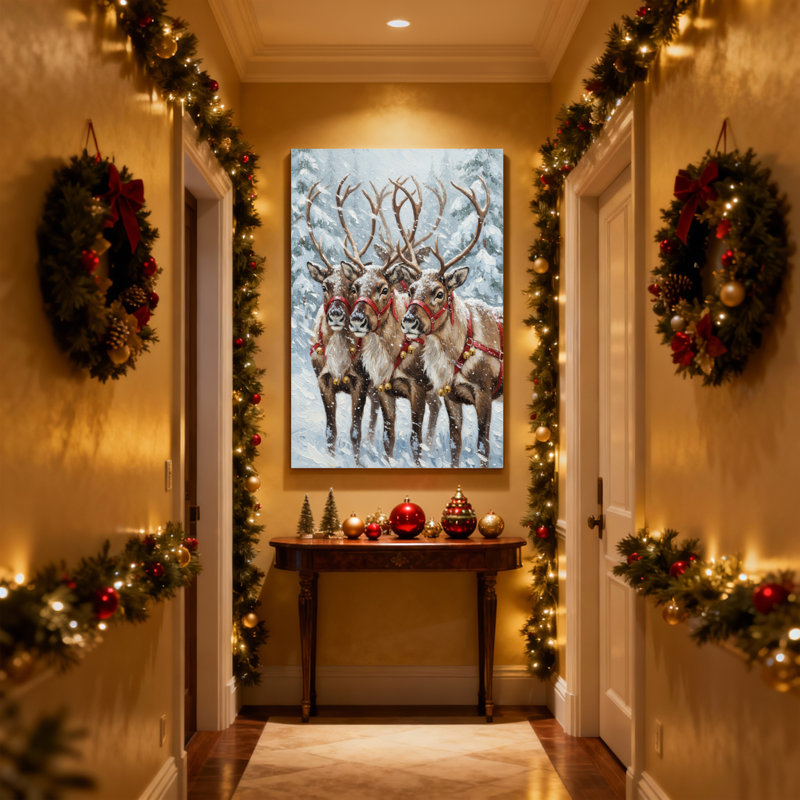 Renne de Noël debout dans une forêt enneigée, ensemble de 3 impressions sur toile, H 24 po x l 16 po