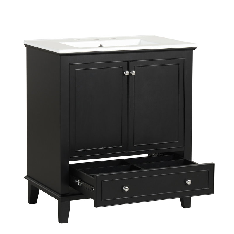 Meuble-lavabo 30 po avec lavabo, armoire multifonctionnelle avec portes et tiroir, bois massif et panneau de fibres à densité moyenne, noir