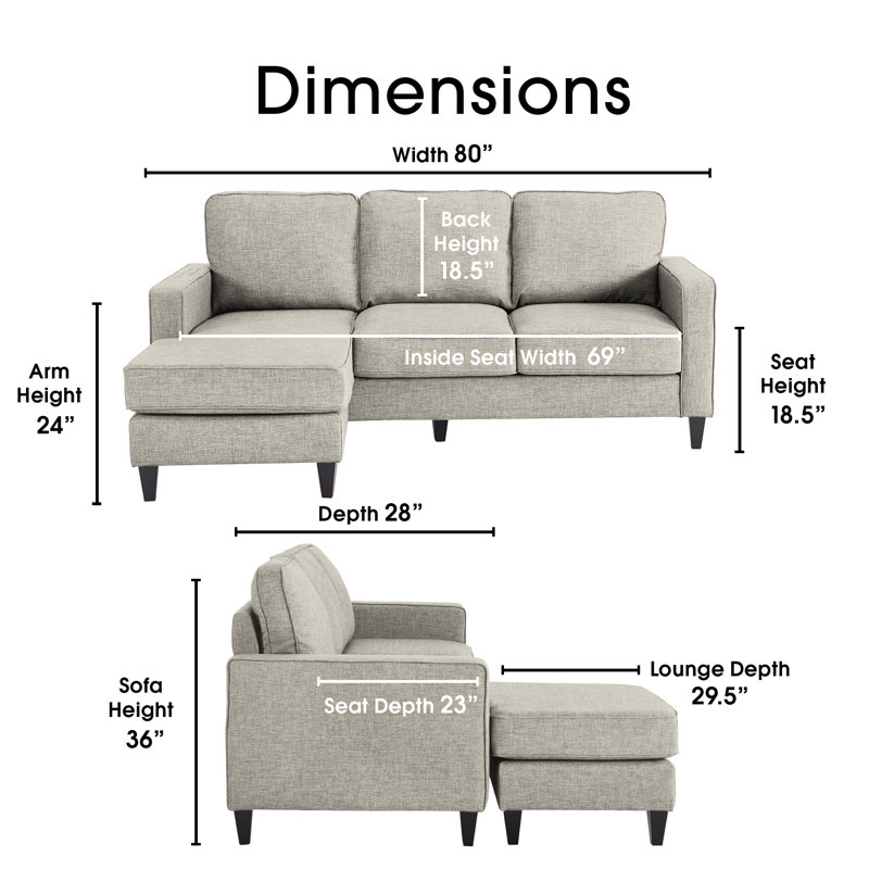 Serta Harmon Upholstered Reversible Sectional Sofa and Chaise, Ash Light Gray, Square Arms