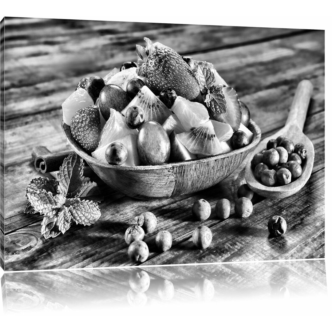 Leinwandbild Fruits Apfel Weintraube Kirsche Obstkorb in Monochrom